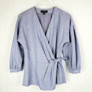 Halogen Blue Chambray Puff Sleeve Wrap Shirt Jacket